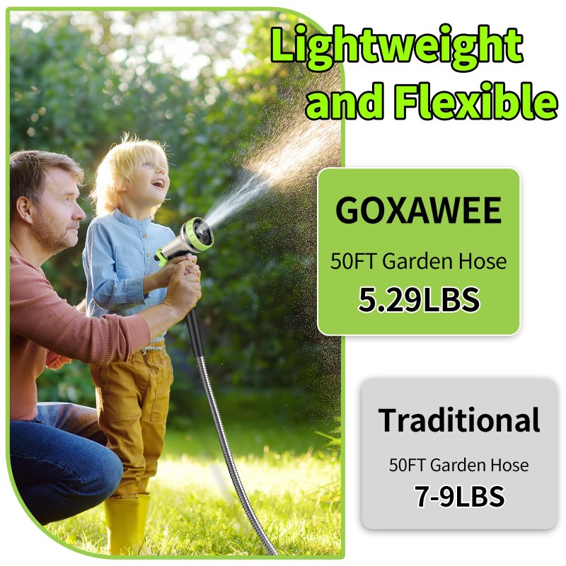 جوكساي خرطوم حديقة GOXAWEE بطول 50 قدم من الفولاذ المقاوم للصدأ خرطوم مياه عالي التحمل مع 10 فوهة وظائف غير قابلة للتشابك، قوي ومرن، قوي وخفيف الوزن مقاوم للصدأ للفناء في الهواء الطلق RV - Image 3